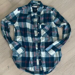 American Eagle Teal, Coral, Cream Plaid Flannel Shirt